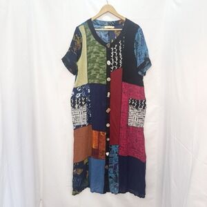 La Cera Patchwork Colorful Maxi Shirt Dress L Boho Artsy Novelty Buttons Hippie